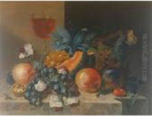 Still Life Of Fruit And Nuts With A Wine Glass All Resting On A Ledge by Johann Amandus Winck