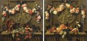Trompe L'oeils: Garlands Of 
Flowers Hanging From Ribbons On Nails Over Feigned Sculpted Cartouches, 
Above Ledges With Fruit, A Squirrel And A Monkey
