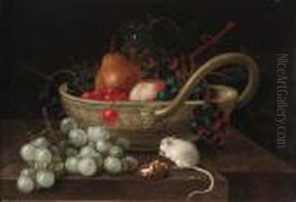 Grapes, Pears And Other Fruit In
A Bowl, With A Mouse Eating Ahazlenut On A Ledge: And A Bowl Of Fruit
With A Mouse Eating Awalnut On A Ledge - view 1