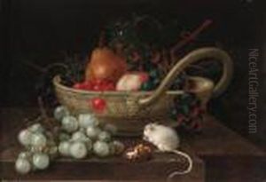 Grapes, Pears And Other Fruit In
A Bowl, With A Mouse Eating Ahazlenut On A Ledge: And A Bowl Of Fruit
With A Mouse Eating Awalnut On A Ledge by Johann Amandus Winck
