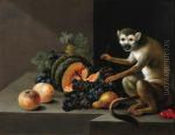 A Monkey With Grapes, Peaches, A Melon And Other Fruit On A Stoneledge
Signed With Initials And Dated 'j.a.w. 1804.' - view 1