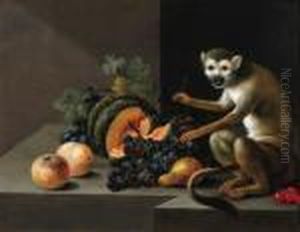 A Monkey With Grapes, Peaches, A Melon And Other Fruit On A Stoneledge
Signed With Initials And Dated 'j.a.w. 1804.' by Johann Amandus Winck