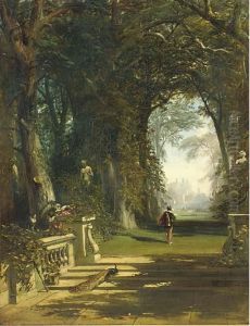 Cavaliers In A Wooded Avenue, A Country House Beyond