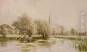 Man In A Punt Near Salisbury Cathedral by William Tatton Winter