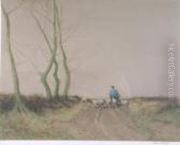 A Shepherd With His Flock In A Winter Landscape - view 1