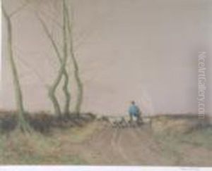 A Shepherd With His Flock In A Winter Landscape by William Tatton Winter