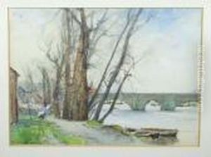 R.b.a. "on The Thames", A Woman
 Hanging Washing Beside A Towpath, Boats And A Bridge Nearby Signed, 
Pencil And Watercolour, 19cm By 25.5cm