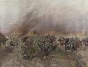 An Austrian Uhlan Regiment Attacking And Dispersing Murderous And Looting Russians by Leonard Winterowski