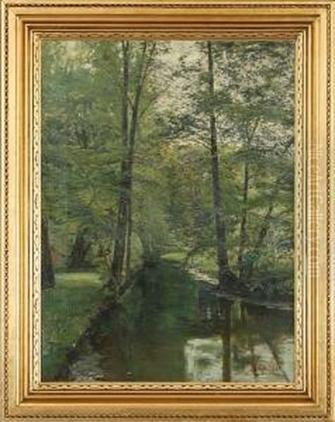 Stream In The Wood With Flying Swallows - view 1
