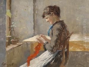 Womanknitting By A Window