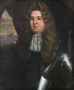 Portrait Of An Admiral, Said To
Be Robert Blake, Half-length, In Suit Of Armour, Before A Seascape,
Within A Painted Oval by William Wissing or Wissmig