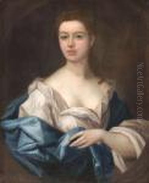 Portrait Of A Lady With Long Hair And Wearing A White Frock With Blue Sash - view 1