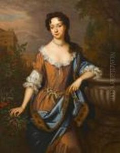 Portrait Of A Lady, Said To Be 
Ann Wodehouse, Three-quarter-length, In A Brown Silk Dress With A White 
Underdress And A Blue And Gold Wrap Standing Beside A Stone Urn Before A
 Palace