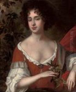Portrait Of A Lady, Half-length,
 In A Red Dress And White Chemise, Holding Sprigs Of Orange Blossom, In A
 Landscape