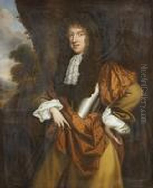 Portrait Of A Gentleman,
Standing Three-quarter-length, In A Breast Plate, A Buff Coat, A Jabot
And A Brown Wrap, A View To A Landscape Beyond - view 1