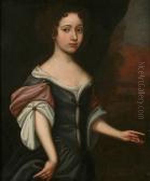 Portrait Of A Young Lady, 
Three-quarter Length, Believed To Be Elizabeth Wentworth, Wearing A Blue
 Dress And Stood Before A Landscape - view 1