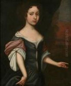 Portrait Of A Young Lady,
Three-quarter Length, Believed To Be Elizabeth Wentworth, Wearing A Blue
Dress And Stood Before A Landscape by William Wissing or Wissmig