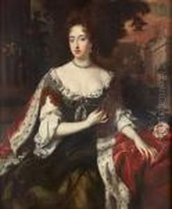Portrait Of Queen Mary Ii, 
Three-quarter Length In A Dark Green, Lace-edged Dress And An 
Ermine-trimmed Robe, A View To A Palace Beyond