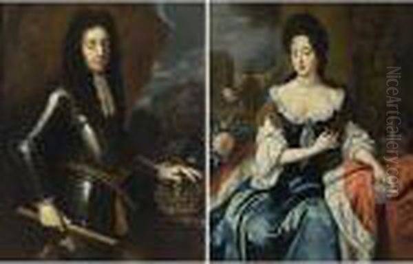 A Portrait Of King William Iii
(1650-1702), Prince Of Orange, Standing Three-quarter Length, In Full
Body-armour, Wearing A Wig, Holding A Baton And With His Left Hand On
His Crown, A Dog In The Foreground; A Portrait Of His Wife Mary Ii
Stuart (1 - view 1