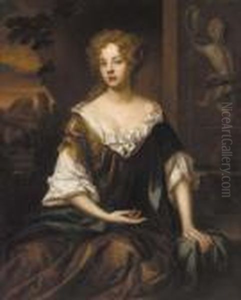 Portrait Of A Lady, 
Three-quarter-length, In An Ochre Dress And Blue Wrap, Beside A 
Fountain, With A Landscape Beyond - view 1