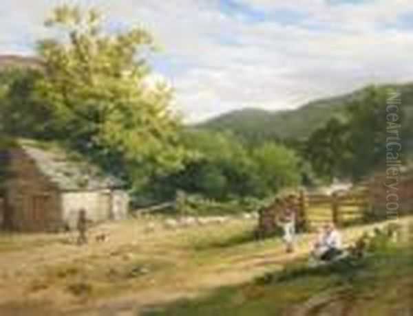A Shepherd And Flock With Mother And Children In A Wooded Landscape - view 1