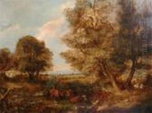 Cattle Resting By A Pond, Trees And Thatched Cottage. Cattle Resting By A Pond, Trees And Thatched Cottage.