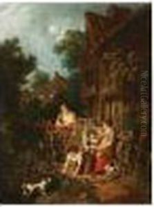 Village Scene With Figures Outside A Cottage With A Dog