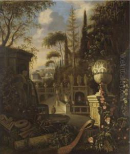 A Parkland Landscape With A 
Peacock Perched Beside Hollyhocks And Morning Glory In The Foreground 
Before A Classical Urn, A Fountain Beyond