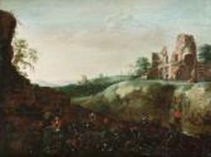 A Peasant Couple Tending Their Garden, A View To Ruins Beyond A Peasant Couple Tending Their Garden, A View To Ruins Beyond