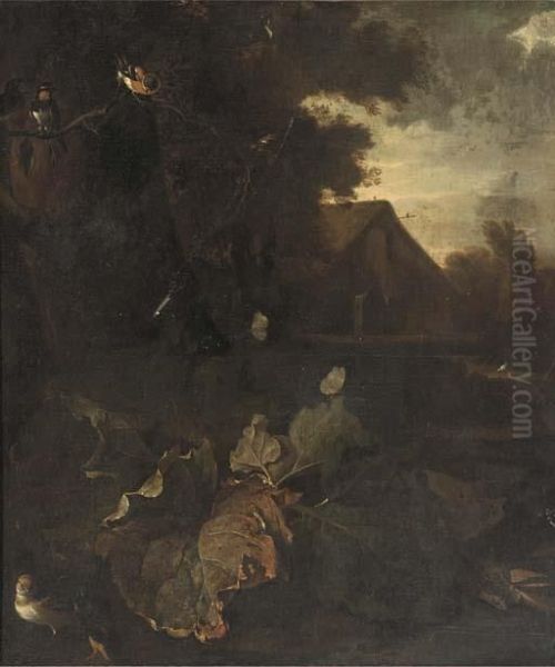 A Forest Floor Still Life With A
 Chaffinch, A Swallow And Otherbirds And Butterflies, A Landscape With A
 Farmhouse Beyond - view 1