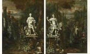 Sculptures Allegoriques Et Fontaines Dans Un Paysage Italianisant. by Mathias Withoos