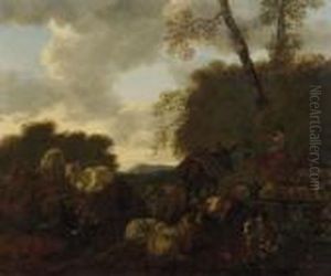 Shepherds And Their Flock By A Well In An Italianate Landscape by Mathias Withoos