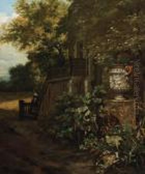 A Couple On A Stairway Outside A Mansion By A Classical Vase - view 1