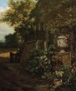 A Couple On A Stairway Outside A Mansion By A Classical Vase A Couple On A Stairway Outside A Mansion By A Classical Vase
