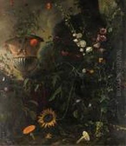 Hollyhocks, Roses, A Blue-lace 
Flower, A Sunflower And Toadstools,with Marigolds In An Urn By A Tree