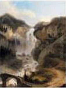 Landscape With A Waterfall And Travellers On A Bridge by Caspar Wolf
