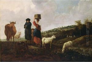 A Hilly Landscape With A Shepherd And His Herd, A Milkmaid And A Boy Conversing