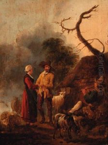 A Couple Dancing To A Piper Outside A Cottage by Jan Baptist Wolfaerts