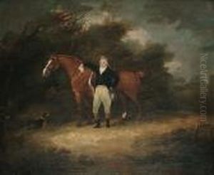 A Gentleman Standing With His Horse And A Dog In A Landscape by Dean Wolstenholme, Snr.