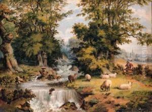 A Landscape With Sheep Grazing By A Stream And A Woman Crossing Astile by Dean Wolstenholme, Jr