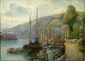 Fishing Boats Docked At A Harbour by Edgar Thomas Wood