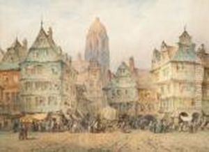 A Busy Town Centre, Probably German by Lewis John Wood