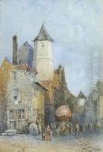 A French Country Town With Figures On The Street