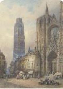 Bustling Activity In The Square Before A Continentalcathedral by Lewis John Wood