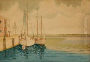 Tropical Harbor Scene With Docked Sailboats by Hartwell Leon Woodcock
