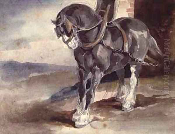 Draft horse by a house - view 1