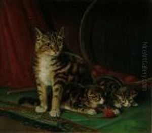 A Tabby With Kittens And A Ball Of Wool by William Arnold Woodhouse