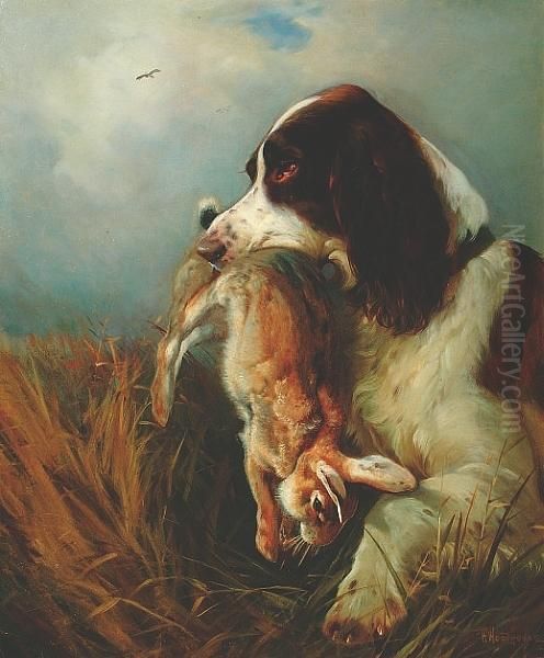 A Spaniel Holding A Rabbit - view 1