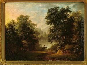 A Pastoral Landscape With 
Figures In A Boat Putting Out From A River Bank In The Middle Distance
