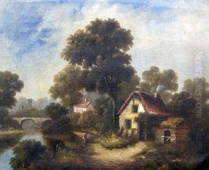 Attributed To Rev. Robert 
Woodley Brown , Cottage Ina Landscape With A Church In The Distance by Robert, Reverend Woodley-Brown